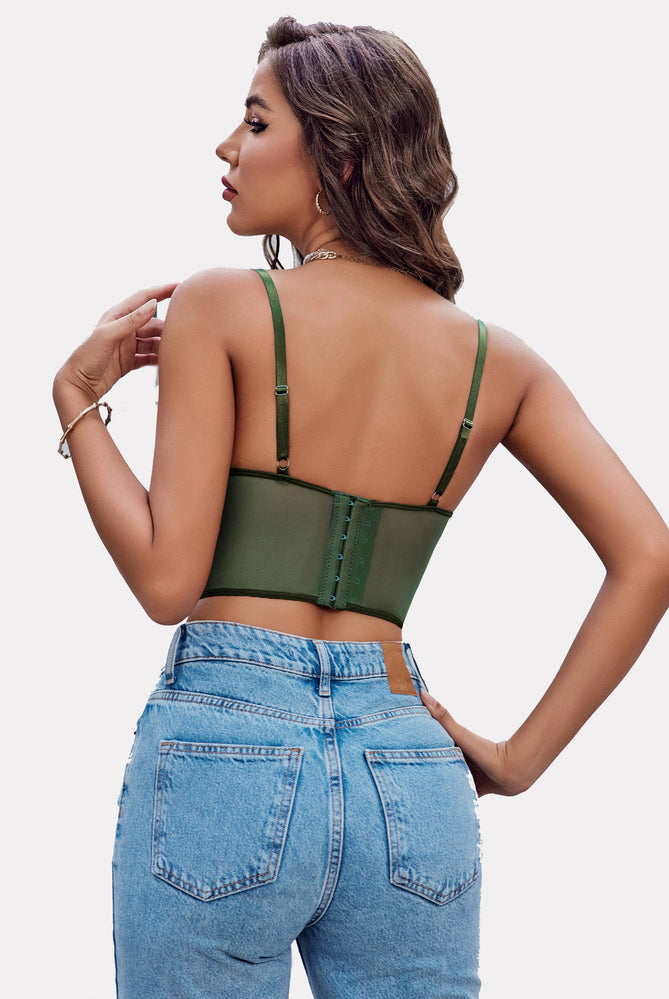 Green lace racerback crop top, adjustable straps, with jeans. Sexy lingerie.