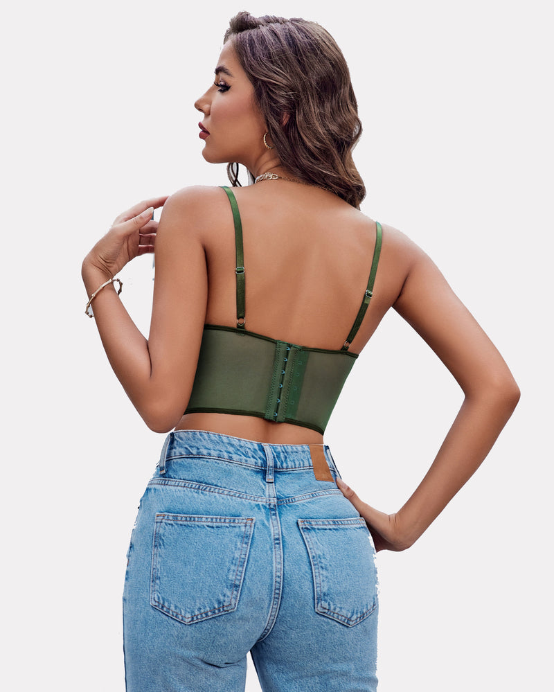 Green lace racerback crop top, adjustable straps, with jeans. Sexy lingerie.
