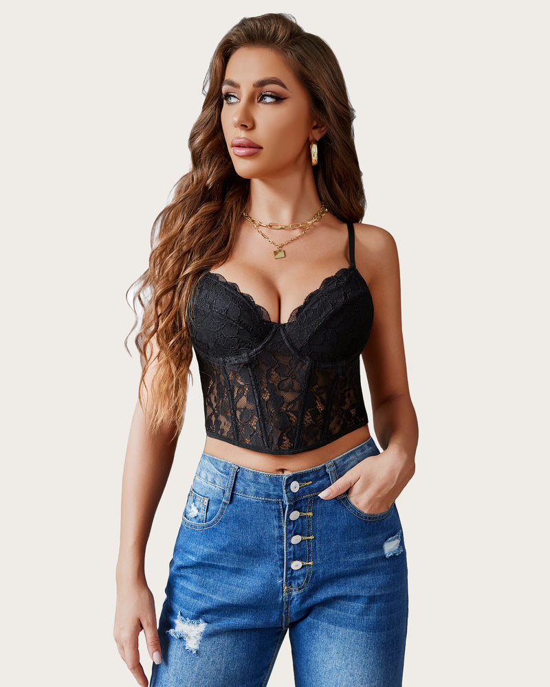 Black lace underwired crop top with floral lace detailing and adjustable straps; lingerie look
