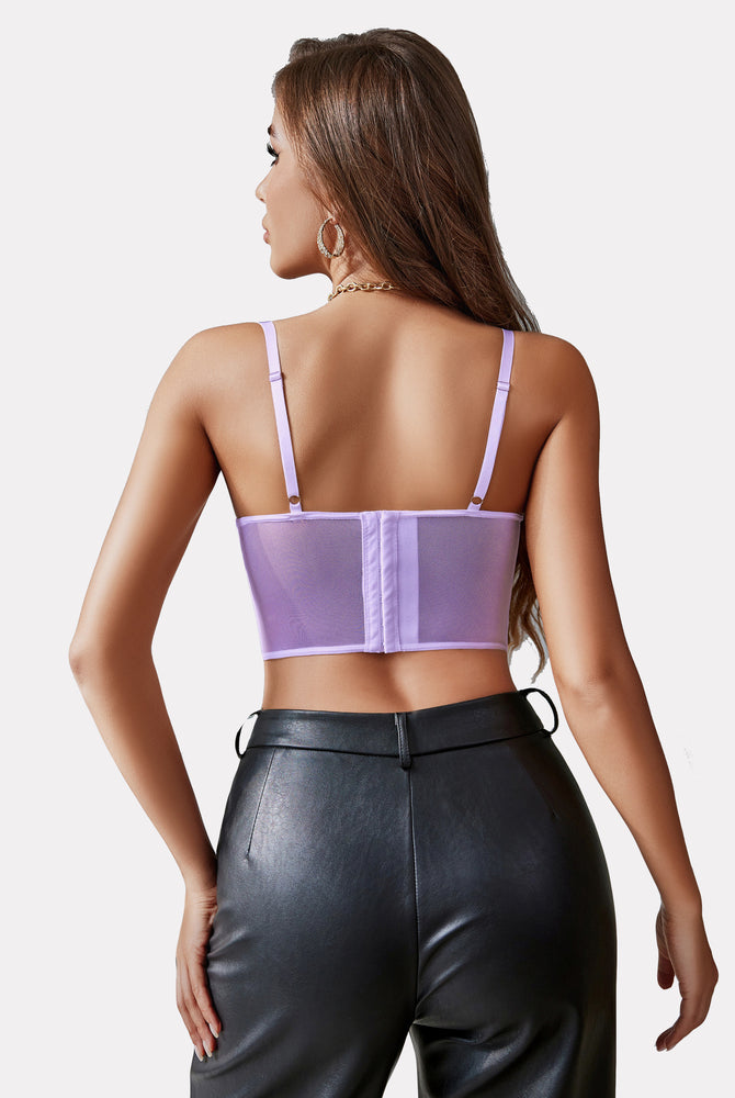 Lilac underwired racerback crop top with adjustable straps and black leather pants; lingerie.