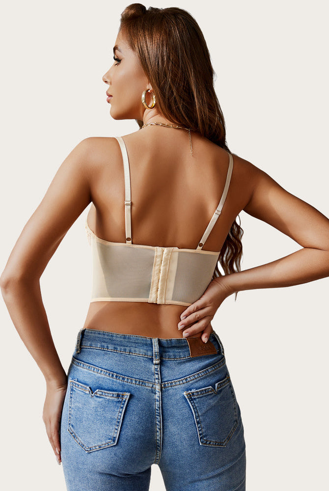 Beige floral lace underwired crop top, adjustable straps. Lingerie with blue jeans; pretty look.