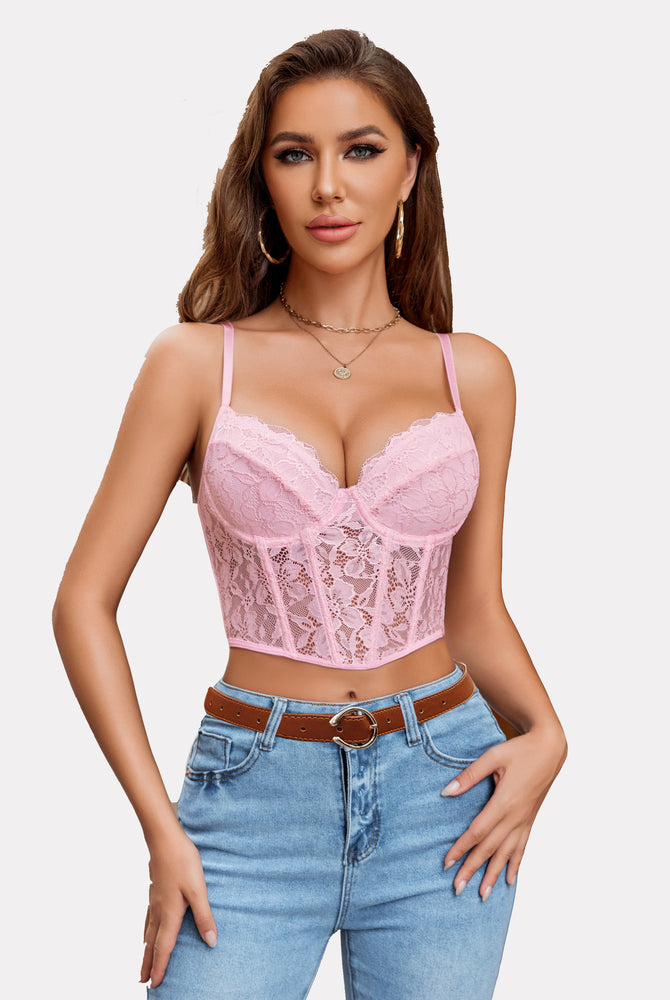 Pink floral lace underwired crop top on model, adjustable straps, with jeans; lingerie look