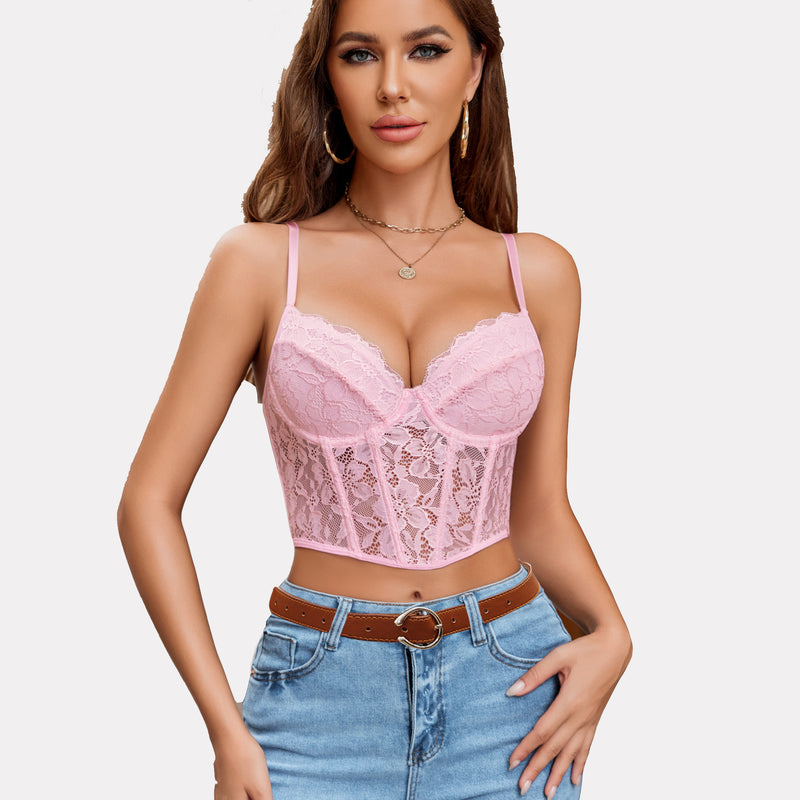 Pink floral lace underwired crop top on model, adjustable straps, with jeans; lingerie look