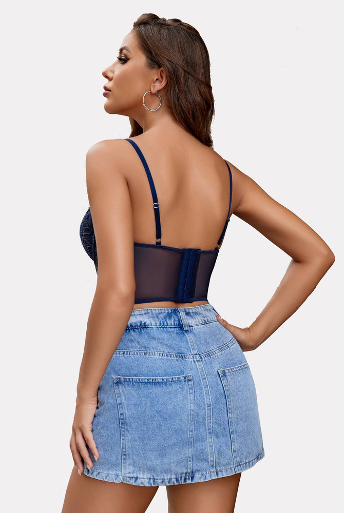 Navy lace underwired racerback crop top with denim skirt; sexy lingerie for women.