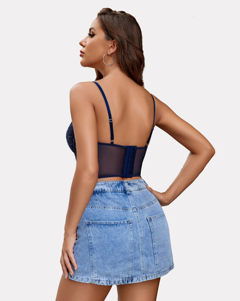Navy lace underwired racerback crop top with denim skirt; sexy lingerie for women.