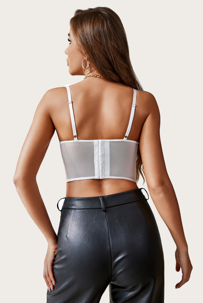 White lace underwired racerback crop top with adjustable straps and black leather pants