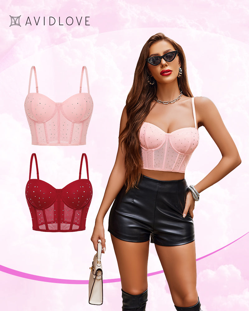 Avidlove 2 Pack Corset Tops: Pink and burgundy rhinestone bustiers, clubbing attire