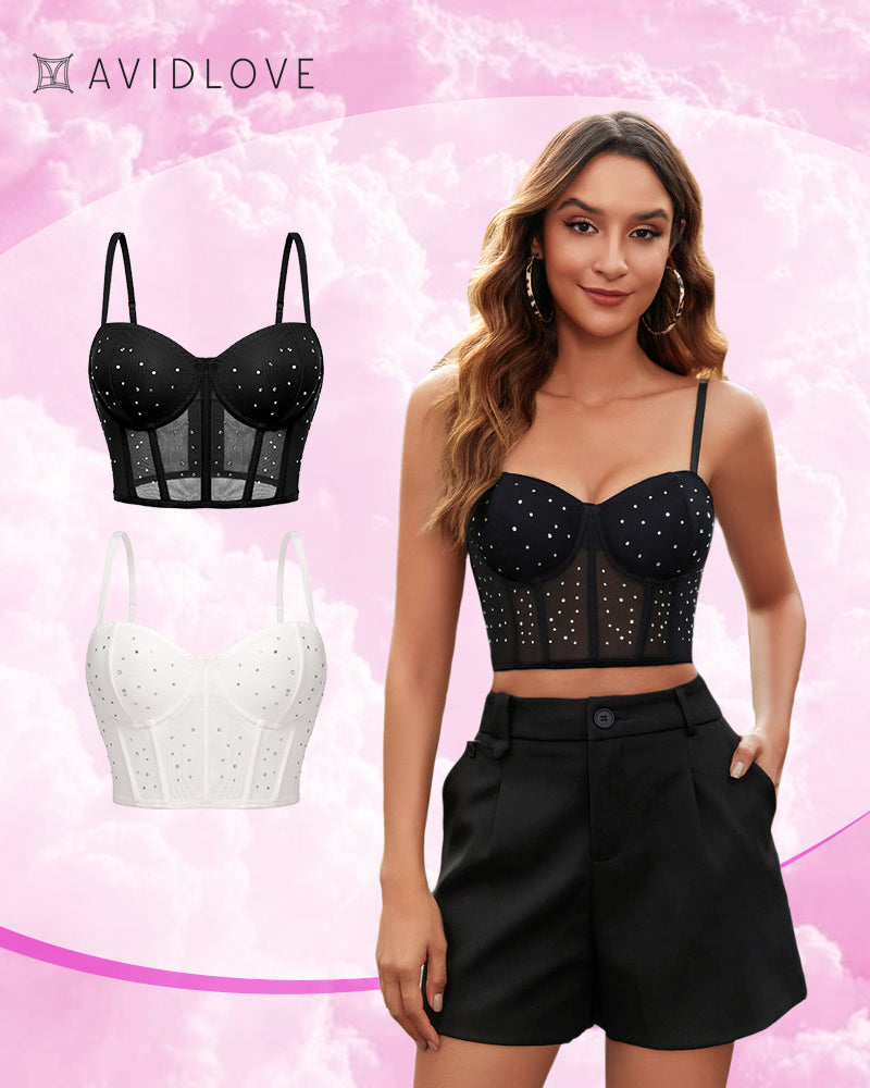 Avidlove rhinestone corset tops in black & white. Adjustable straps, slim fit. Perfect clubwear.
