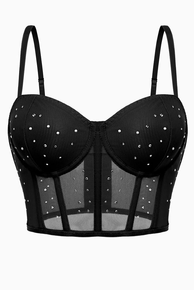 Rhinestone corset top, black bustier with adjustable straps. Sexy, slim fit design.