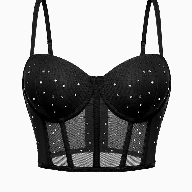 Rhinestone corset top, black bustier with adjustable straps. Sexy, slim fit design.
