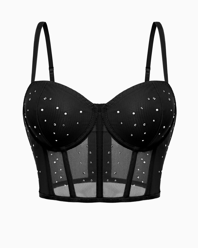 Rhinestone corset top, black bustier with adjustable straps. Sexy, slim fit design.
