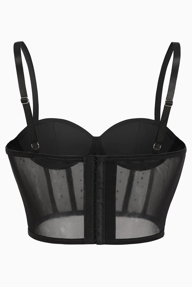 Black mesh rhinestone corset top with adjustable straps and hook closure