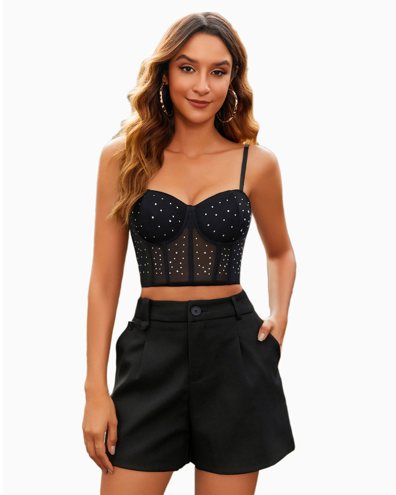 Black rhinestone corset top and shorts. Perfect for a night out, a slim fit and adjustable straps.