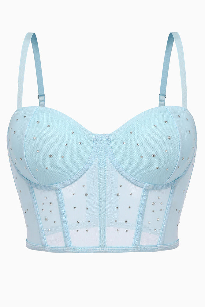Blue rhinestone corset top, adjustable straps, slim fit, mesh details. Sexy bustier for nights out.