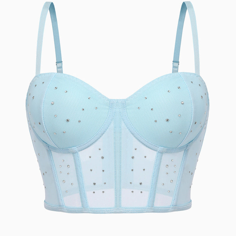 Blue rhinestone corset top, adjustable straps, slim fit, mesh details. Sexy bustier for nights out.