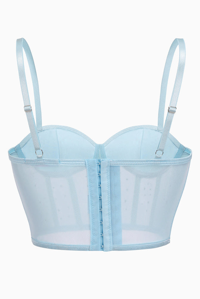 Light blue rhinestone corset top with adjustable straps and hook closure, mesh detail