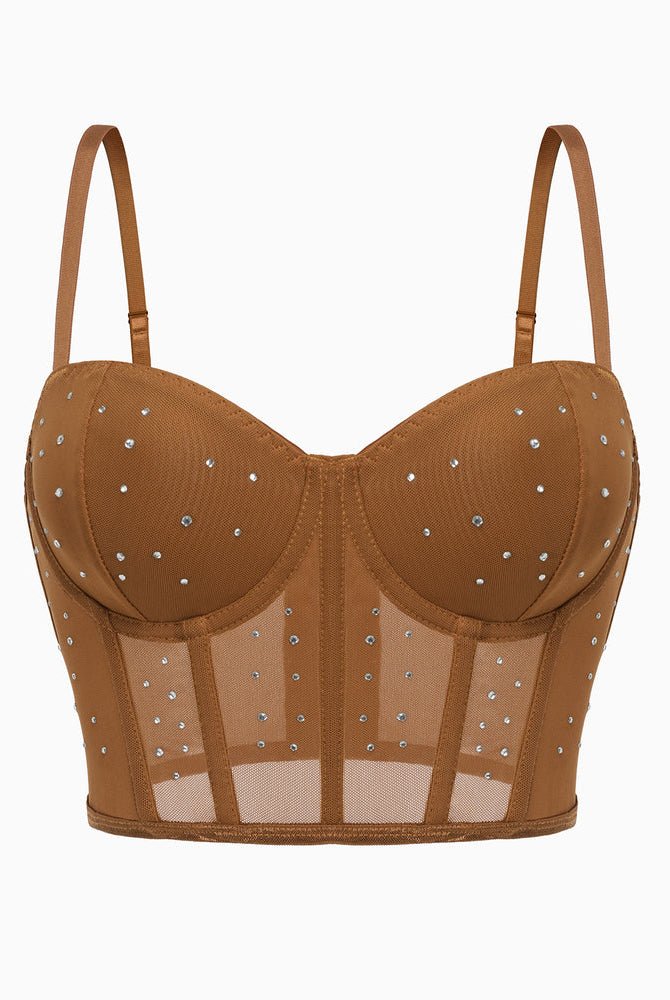 Caramel rhinestone corset top. Adjustable straps, mesh detail, slim fit bustier for nights out