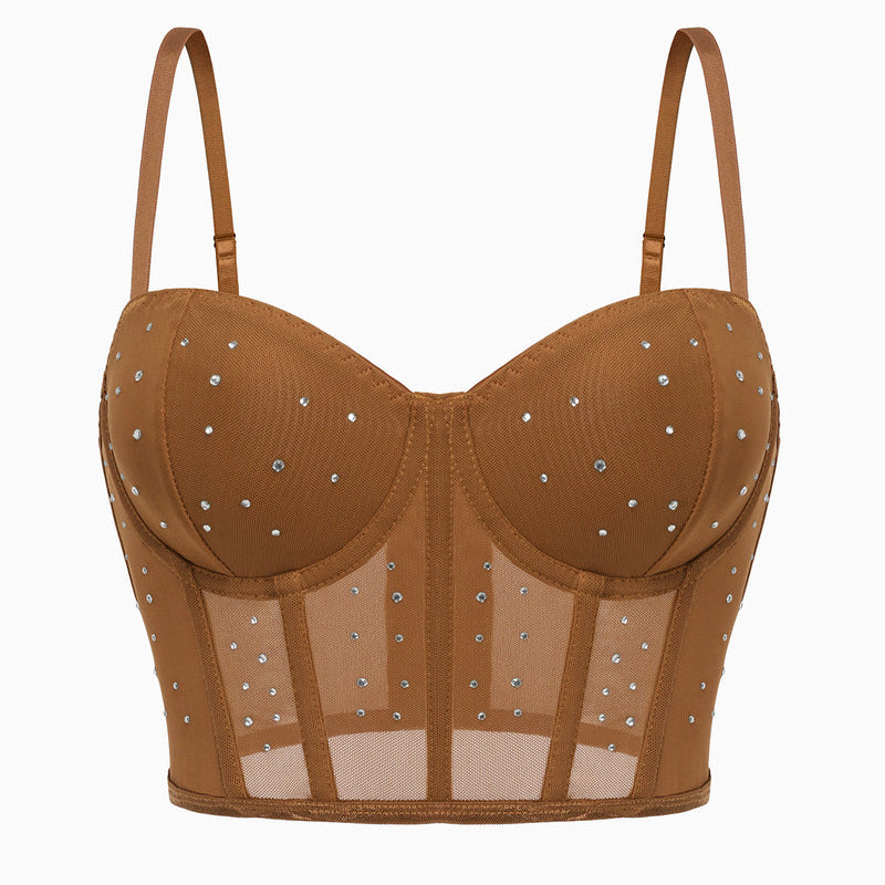 Caramel rhinestone corset top. Adjustable straps, mesh detail, slim fit bustier for nights out