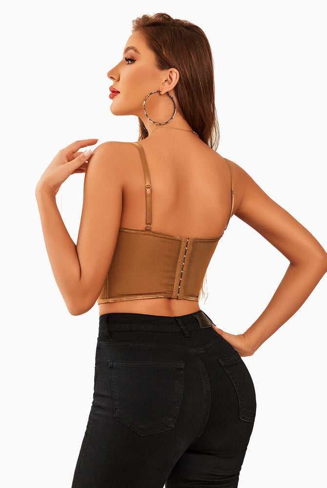 Caramel rhinestone corset top with adjustable straps and hook closure, black jeans. Slim fit bustier