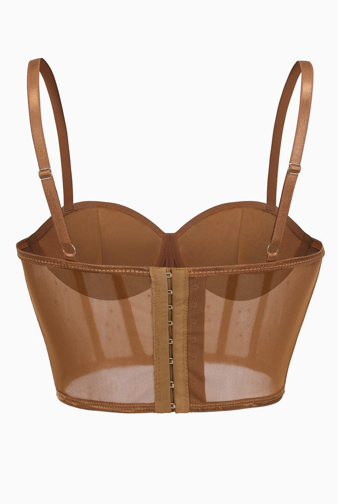 Caramel mesh bustier top with adjustable straps and hook closure, perfect for nights out