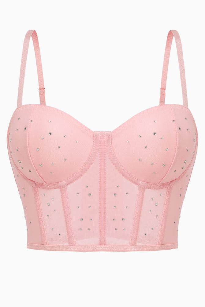 Pink rhinestone corset top with adjustable straps and mesh detail. Sexy bustier for nights out.