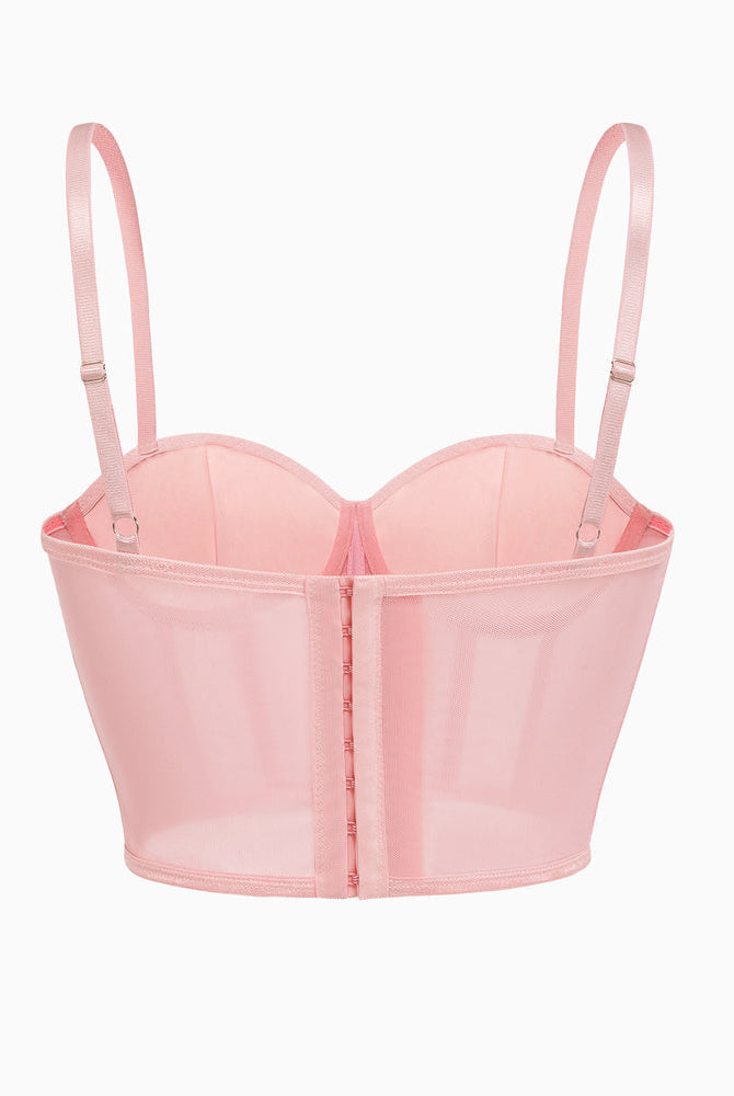 Pink bustier top with adjustable straps and hook closure, mesh details. Sexy slim fit.