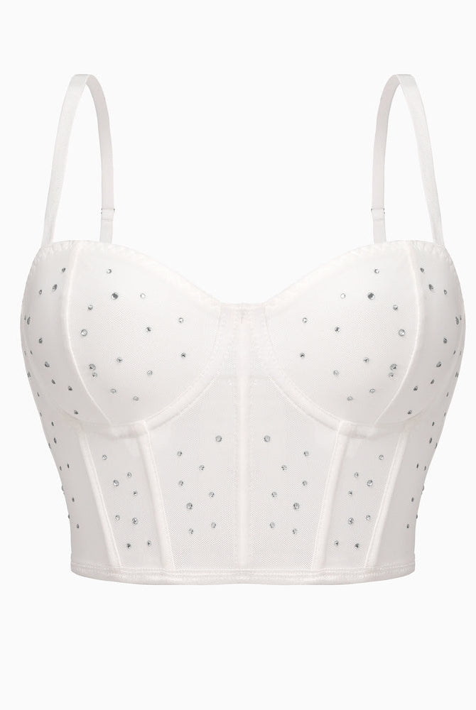 White rhinestone corset top. Adjustable straps, slim fit bustier for clubbing.