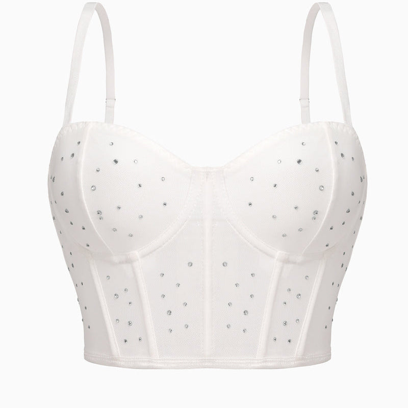 White rhinestone corset top. Adjustable straps, slim fit bustier for clubbing.