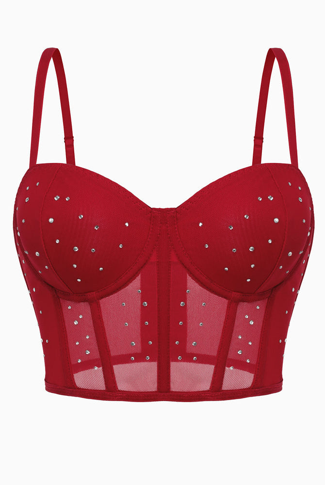 Red rhinestone bustier top with adjustable straps, mesh, slim fit for nights out.