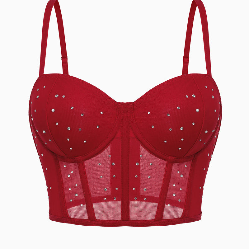 Red rhinestone bustier top with adjustable straps, mesh, slim fit for nights out.