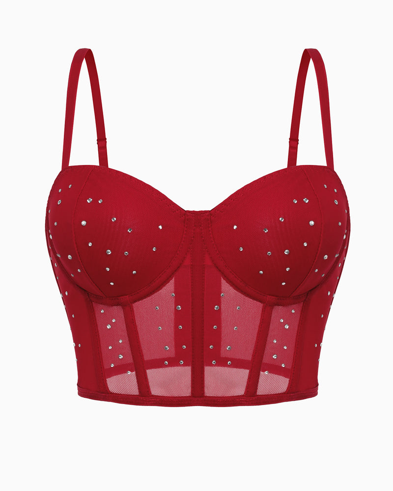 Red rhinestone bustier top with adjustable straps, hook closure, and slim fit. Club top.