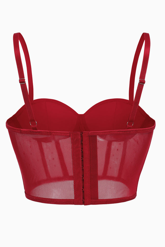 Red mesh corset bustier with adjustable straps and hook closure. Slim fit, perfect for a night out.