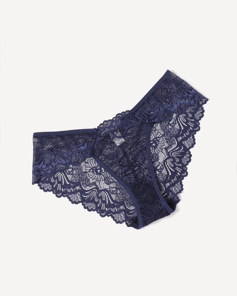 Navy blue lace hipster panties from Avidlove, low-rise design with breathable floral lace.