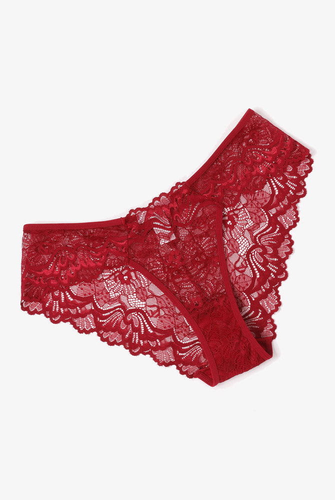 Red lace hipster panties from Avidlove. Low-rise, floral design, breathable, sexy lingerie.