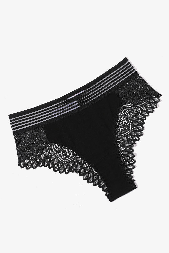 Black lace hipster panties with lace back, striped waistband, cotton blend, sexy design.