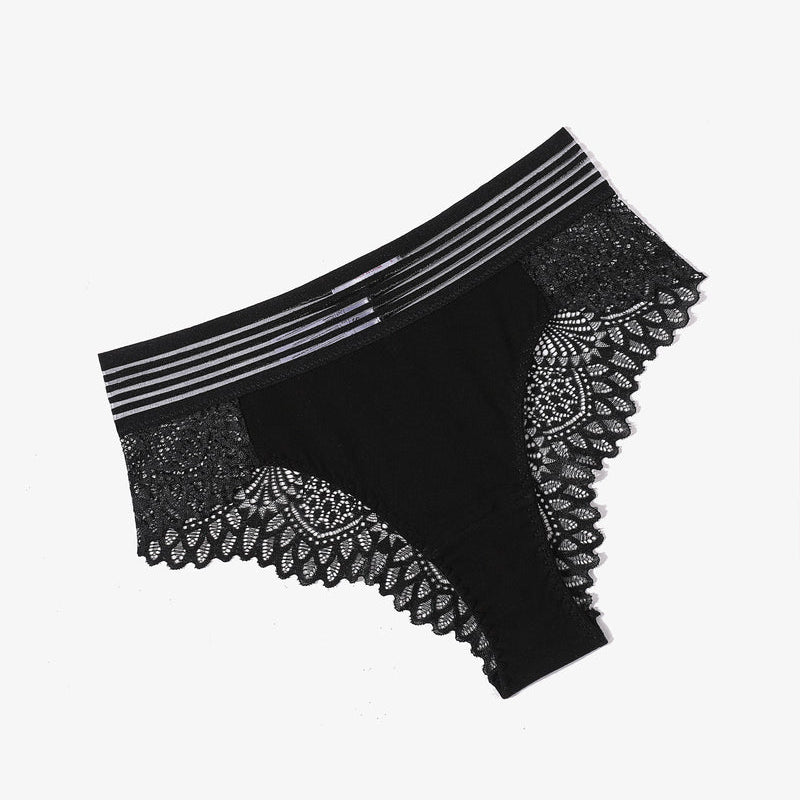 Black lace hipster panties with lace back, striped waistband, cotton blend, sexy design.