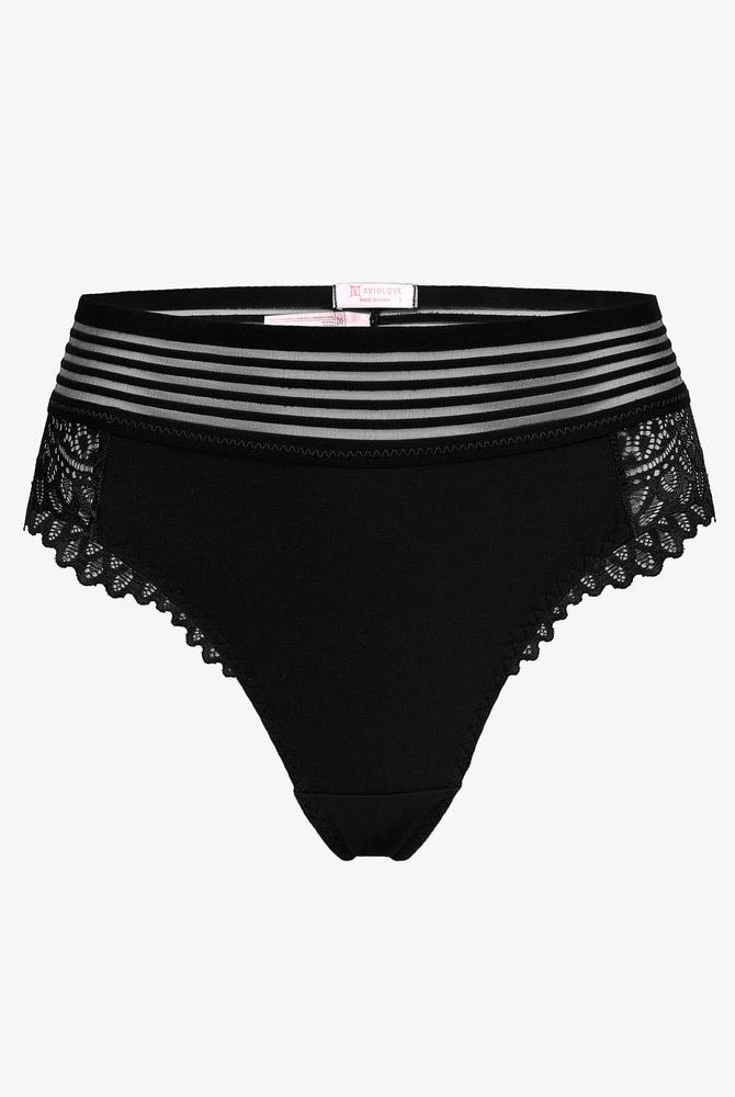 Black lace cheeky hipster panties with fishnet waistband and lace back, Avidlove lingerie