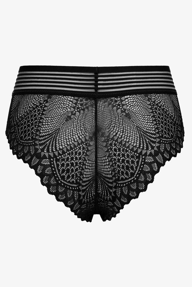 Black lace hipster panties, cotton blend, lace back and fishnet waist, Avidlove lingerie.