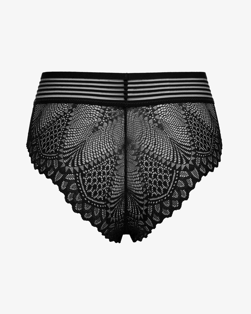 Black lace hipster panties, cotton blend, lace back and fishnet waist, Avidlove lingerie.