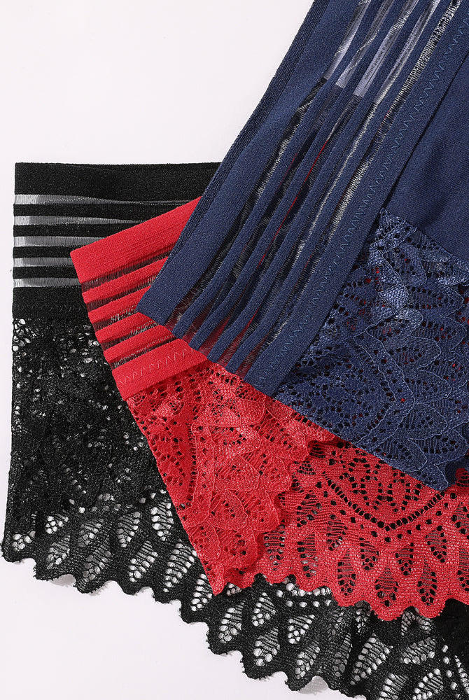 Lace Cheeky Hipster Panties: black, red, navy, cotton blend with lace detail, comfortable and sexy.