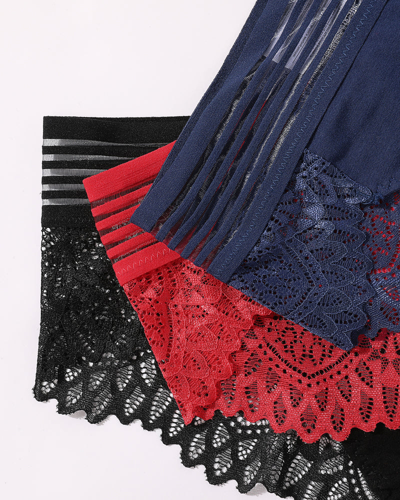 Lace Cheeky Hipster Panties: black, red, navy, cotton blend with lace detail, comfortable and sexy.