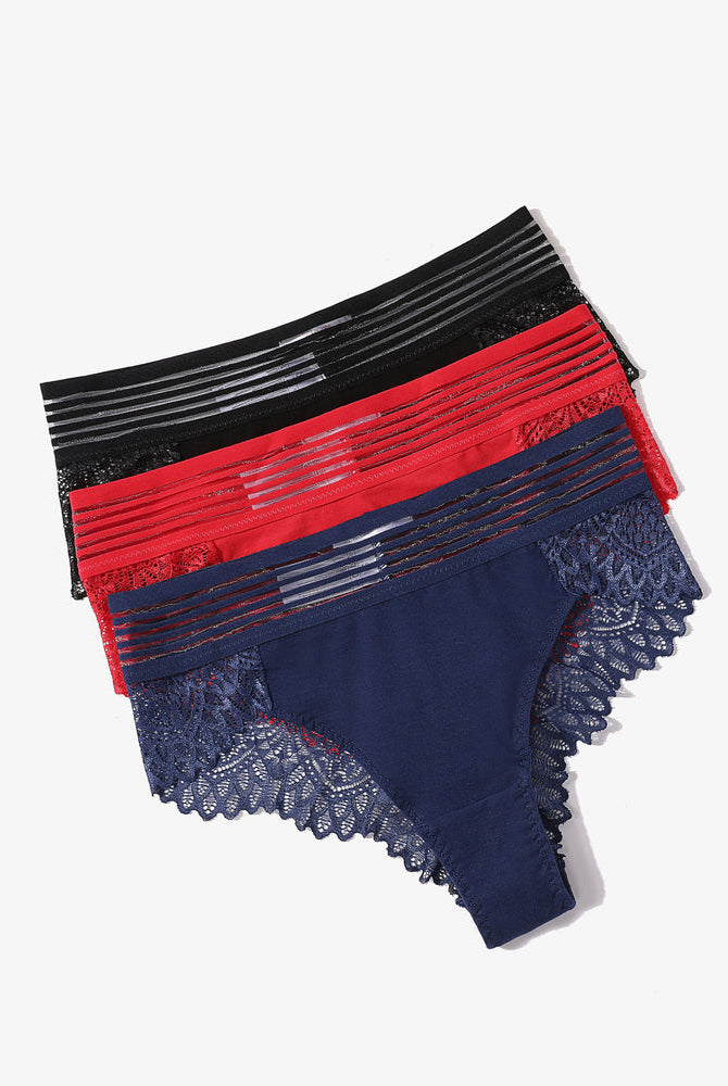 Lace Cheeky Hipster Panties - Black, Red, Navy. Cotton blend, fishnet waist, and lace back details.