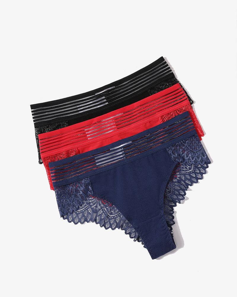 Lace Cheeky Hipster Panties - Black, Red, Navy. Cotton blend, fishnet waist, and lace back details.