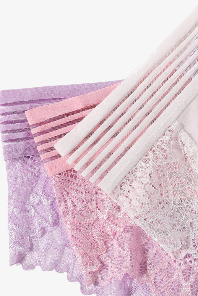 Cotton Blend Lace Cheeky Hipster Panties: Lavender, Pink, White, Lace Back.