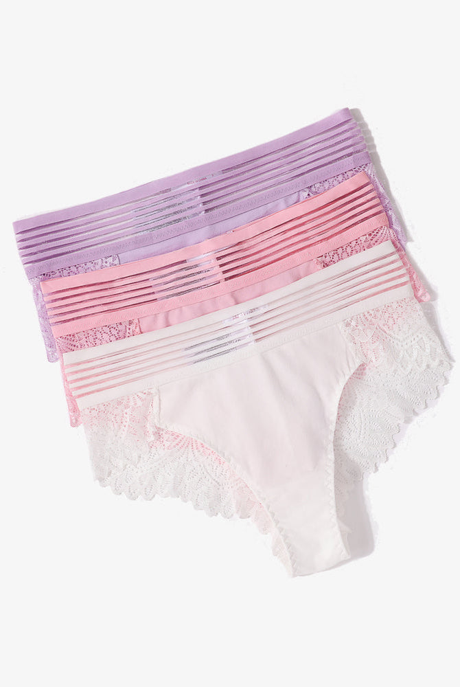 Lace Cheeky Hipster Panties in Pastel Colors: Lavender, Pink, White, with Lace Back Detail