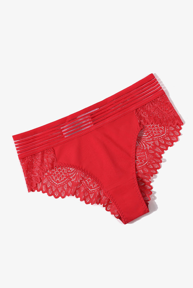 Red lace hipster panties, lace back detail, cotton blend. Sexy and comfortable lingerie.