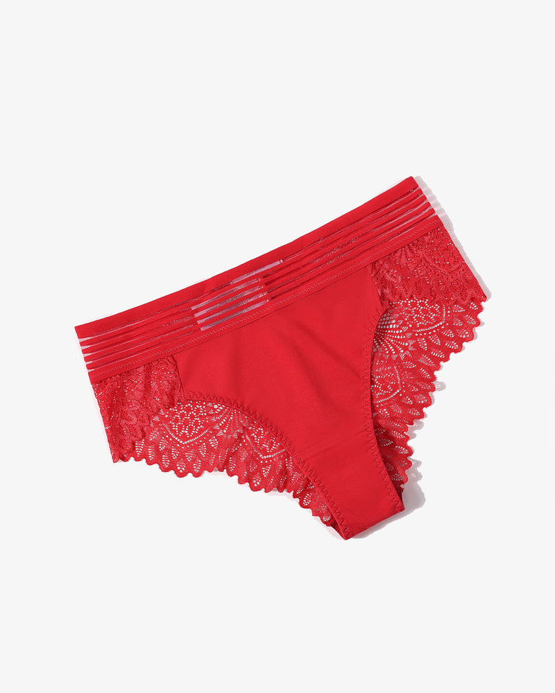 Red lace hipster panties, lace back detail, cotton blend. Sexy and comfortable lingerie.