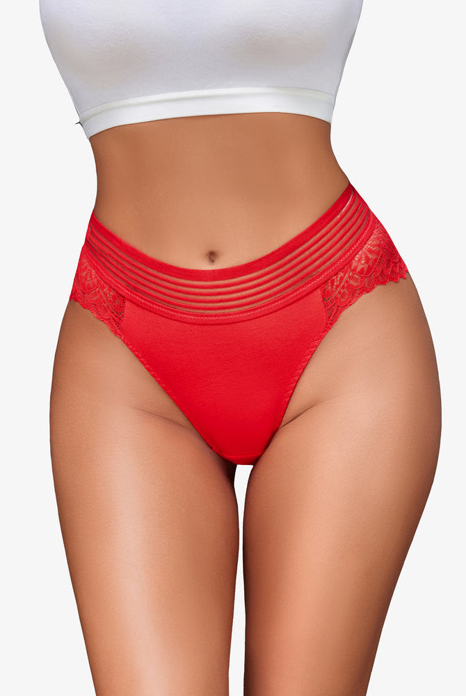 Red lace cheeky hipster panties with lace back, sexy design, and comfortable cotton blend lingerie