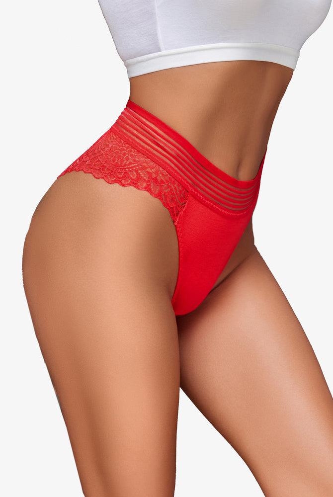 Red lace cheeky hipster panties with lace back, fishnet waist, and cotton blend, a sexy design.