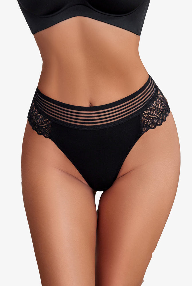 Black lace cheeky hipster panties with lace back detail, comfortable cotton blend, and fishnet.
